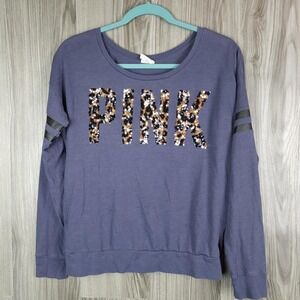 Victoria's Secret PINK Long Sleeve Shirt Leopard Sequin Graphic Varsity Stripe S